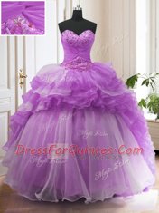 Hot Selling Ruffled Ball Gowns Sleeveless Purple Sweet 16 Quinceanera Dress Sweep Train Lace Up