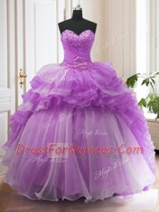 Hot Selling Ruffled Ball Gowns Sleeveless Purple Sweet 16 Quinceanera Dress Sweep Train Lace Up