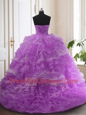 Hot Selling Ruffled Ball Gowns Sleeveless Purple Sweet 16 Quinceanera Dress Sweep Train Lace Up