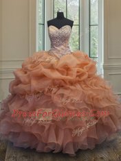 Orange Quinceanera Dresses Military Ball and Sweet 16 and Quinceanera and For with Beading and Ruffles and Pick Ups Sweetheart Sleeveless Lace Up
