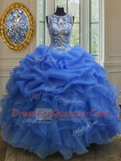 Best Selling Scoop Sleeveless Quince Ball Gowns Floor Length Beading and Ruffles Blue Organza