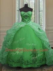 Green Lace Up Sweetheart Beading and Appliques and Pick Ups Sweet 16 Dress Organza Sleeveless Court Train