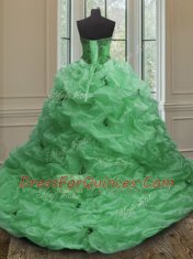 Green Lace Up Sweetheart Beading and Appliques and Pick Ups Sweet 16 Dress Organza Sleeveless Court Train