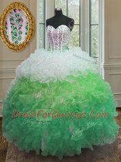 Customized Sweetheart Sleeveless Organza Quince Ball Gowns Beading and Ruffles and Sashes ribbons Lace Up