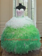 Customized Sweetheart Sleeveless Organza Quince Ball Gowns Beading and Ruffles and Sashes ribbons Lace Up