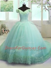 Turquoise Organza Lace Up Off The Shoulder Sleeveless With Train 15 Quinceanera Dress Court Train Hand Made Flower