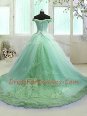 Turquoise Organza Lace Up Off The Shoulder Sleeveless With Train 15 Quinceanera Dress Court Train Hand Made Flower