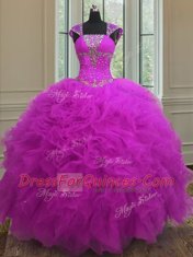 Delicate Straps Fuchsia Lace Up Sweet 16 Quinceanera Dress Beading and Ruffles and Sequins Sleeveless Floor Length
