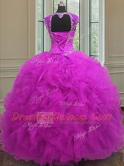 Delicate Straps Fuchsia Lace Up Sweet 16 Quinceanera Dress Beading and Ruffles and Sequins Sleeveless Floor Length