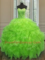 Organza Sweetheart Sleeveless Lace Up Beading and Ruffles Quince Ball Gowns in Yellow Green