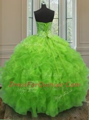 Organza Sweetheart Sleeveless Lace Up Beading and Ruffles Quince Ball Gowns in Yellow Green