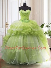 Yellow Green Organza Lace Up Sweetheart Sleeveless With Train 15 Quinceanera Dress Sweep Train Beading and Ruffled Layers