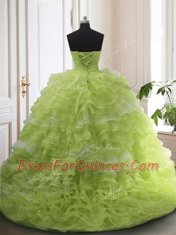 Yellow Green Organza Lace Up Sweetheart Sleeveless With Train 15 Quinceanera Dress Sweep Train Beading and Ruffled Layers