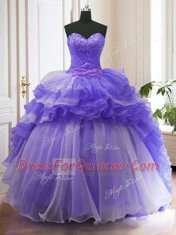 High End Sweetheart Sleeveless Organza Sweet 16 Quinceanera Dress Beading and Ruffled Layers Sweep Train Lace Up