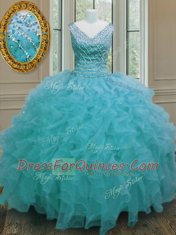 Flirting Floor Length Zipper Vestidos de Quinceanera Aqua Blue for Military Ball and Sweet 16 and Quinceanera with Beading and Ruffles