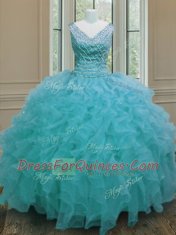 Flirting Floor Length Zipper Vestidos de Quinceanera Aqua Blue for Military Ball and Sweet 16 and Quinceanera with Beading and Ruffles