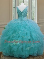 Flirting Floor Length Zipper Vestidos de Quinceanera Aqua Blue for Military Ball and Sweet 16 and Quinceanera with Beading and Ruffles
