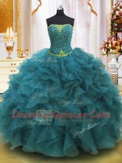 Fabulous Teal Organza Lace Up Strapless Sleeveless Floor Length Quinceanera Gown Beading and Ruffles