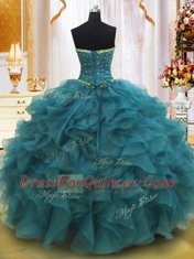 Fabulous Teal Organza Lace Up Strapless Sleeveless Floor Length Quinceanera Gown Beading and Ruffles