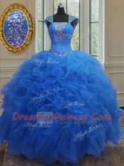 Cap Sleeves Lace Up Floor Length Beading and Ruffles and Sequins Sweet 16 Quinceanera Dress