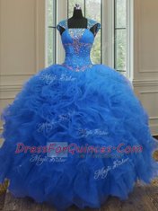 Cap Sleeves Lace Up Floor Length Beading and Ruffles and Sequins Sweet 16 Quinceanera Dress