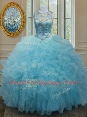 Glittering Scoop Floor Length Aqua Blue Sweet 16 Quinceanera Dress Organza Sleeveless Beading and Ruffles