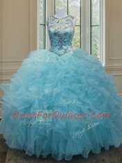 Glittering Scoop Floor Length Aqua Blue Sweet 16 Quinceanera Dress Organza Sleeveless Beading and Ruffles