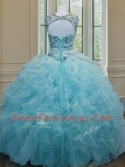 Glittering Scoop Floor Length Aqua Blue Sweet 16 Quinceanera Dress Organza Sleeveless Beading and Ruffles