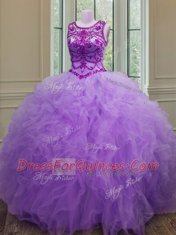 Scoop Lavender Sleeveless Tulle Lace Up Quinceanera Dress for Military Ball and Sweet 16 and Quinceanera