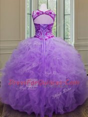 Scoop Lavender Sleeveless Tulle Lace Up Quinceanera Dress for Military Ball and Sweet 16 and Quinceanera