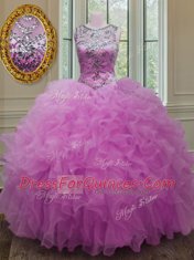 Stunning Organza Scoop Sleeveless Lace Up Beading and Ruffles 15 Quinceanera Dress in Fuchsia