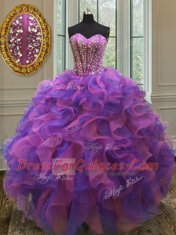 Beading and Ruffles Sweet 16 Dress Multi-color Lace Up Sleeveless Floor Length