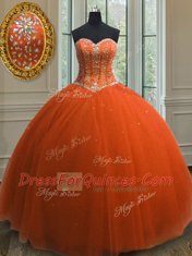 Sequins Ball Gowns Quinceanera Dress Orange Red Sweetheart Tulle Sleeveless Floor Length Lace Up