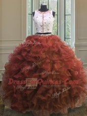 Excellent Scoop Rust Red Sleeveless Floor Length Appliques and Ruffles Clasp Handle Sweet 16 Dresses