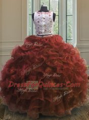 Excellent Scoop Rust Red Sleeveless Floor Length Appliques and Ruffles Clasp Handle Sweet 16 Dresses