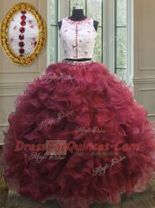 Perfect Red Clasp Handle Scoop Appliques and Ruffles Ball Gown Prom Dress Organza Sleeveless