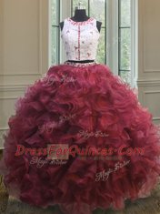 Perfect Red Clasp Handle Scoop Appliques and Ruffles Ball Gown Prom Dress Organza Sleeveless