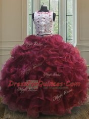 Perfect Red Clasp Handle Scoop Appliques and Ruffles Ball Gown Prom Dress Organza Sleeveless
