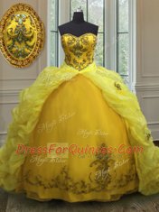 Sweet Sweetheart Sleeveless Sweet 16 Dresses With Train Court Train Beading and Appliques and Pick Ups Light Yellow Organza
