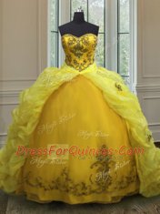 Sweet Sweetheart Sleeveless Sweet 16 Dresses With Train Court Train Beading and Appliques and Pick Ups Light Yellow Organza