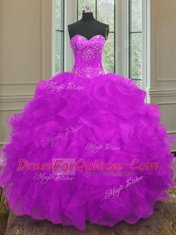 Purple Sleeveless Organza Lace Up Quinceanera Gown for Military Ball and Sweet 16 and Quinceanera