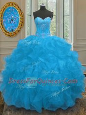 Blue Sweetheart Lace Up Beading and Ruffles Sweet 16 Quinceanera Dress Sleeveless