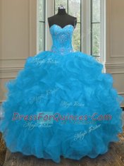 Blue Sweetheart Lace Up Beading and Ruffles Sweet 16 Quinceanera Dress Sleeveless