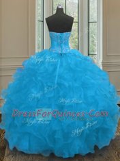 Blue Sweetheart Lace Up Beading and Ruffles Sweet 16 Quinceanera Dress Sleeveless