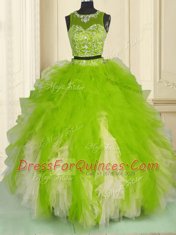 Scoop Multi-color Two Pieces Beading and Ruffles Quinceanera Dresses Zipper Tulle Sleeveless Floor Length