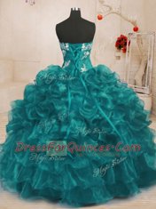 Inexpensive Turquoise Strapless Neckline Beading and Appliques and Ruffles Quinceanera Gown Sleeveless Lace Up