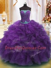 Stylish Purple Organza Lace Up Strapless Sleeveless Floor Length Sweet 16 Dresses Beading and Ruffles