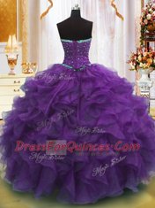 Stylish Purple Organza Lace Up Strapless Sleeveless Floor Length Sweet 16 Dresses Beading and Ruffles