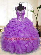 Cute Pick Ups Ball Gowns Sweet 16 Quinceanera Dress Lavender Straps Organza Sleeveless Floor Length Zipper