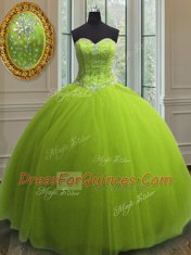Yellow Green Sleeveless Floor Length Beading and Sequins Lace Up Quince Ball Gowns